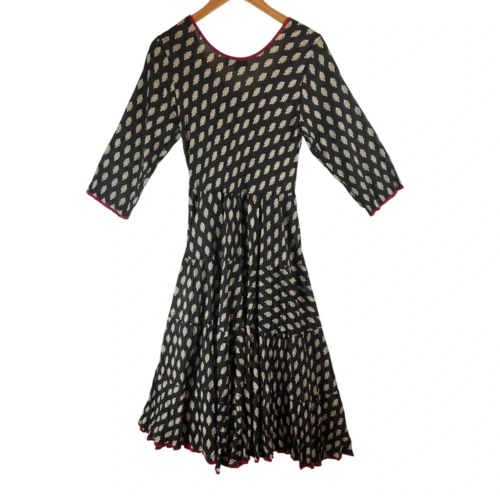 Passementrie Womens Black Sante Fe Tiered Midi Dress 3/4 Sleeve Small Boho - Picture 2 of 9